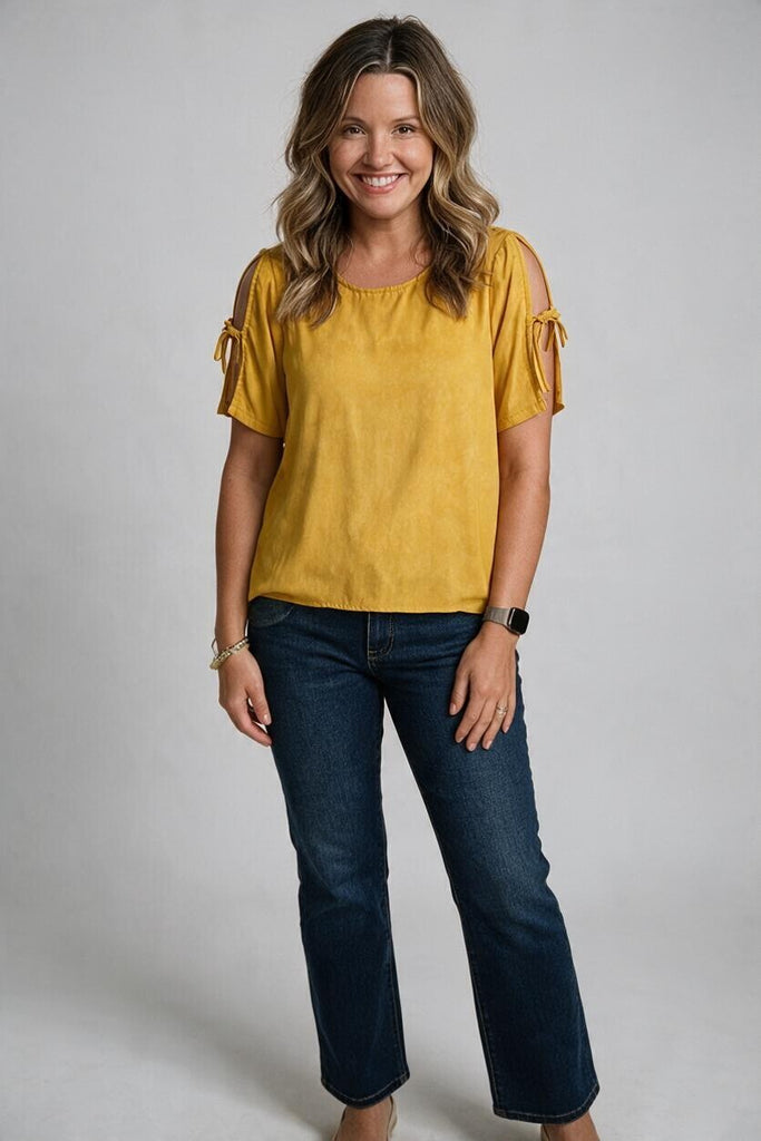 mustard blouse with tie sleeves