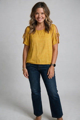 mustard blouse with tie sleeves