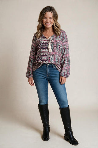 pink and purple print top with a boho feel