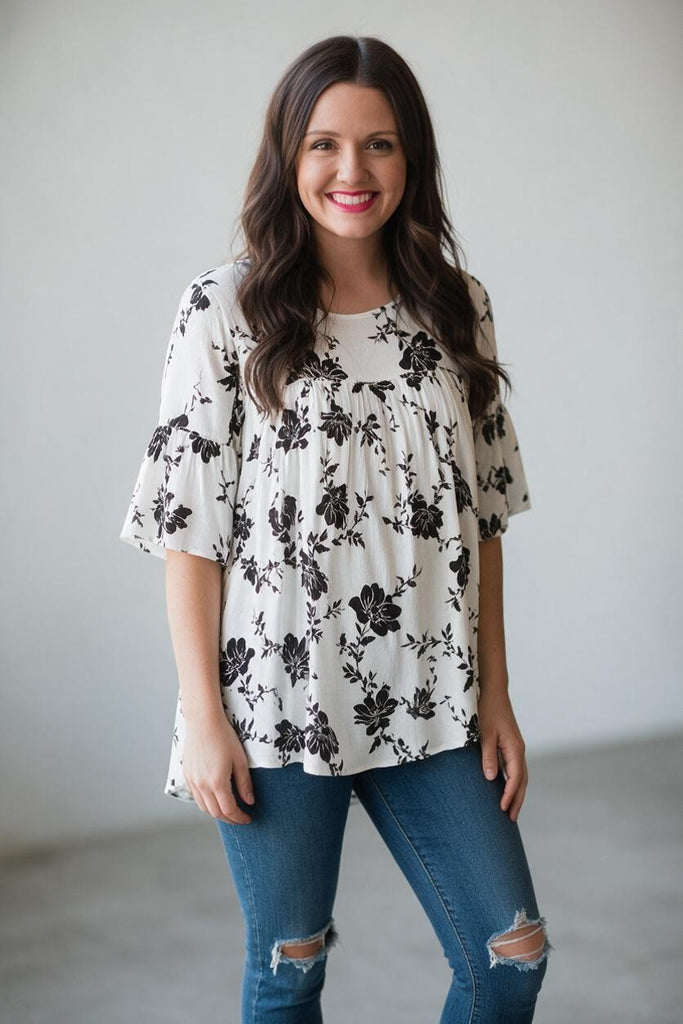 black and white floral print babydoll top