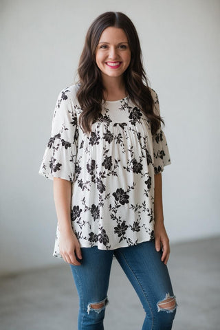 black and white floral print babydoll top
