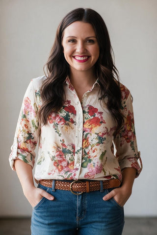 cream button up blouse with gorgeous floral print