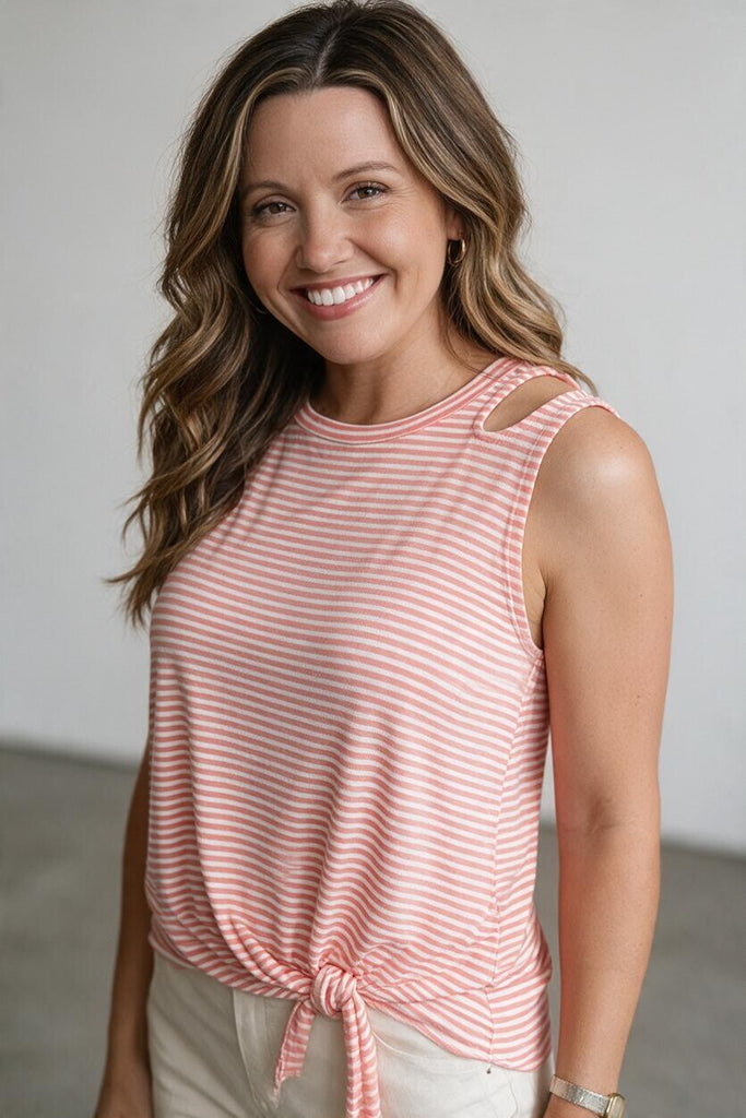 coral striped top with cut out shoulder
