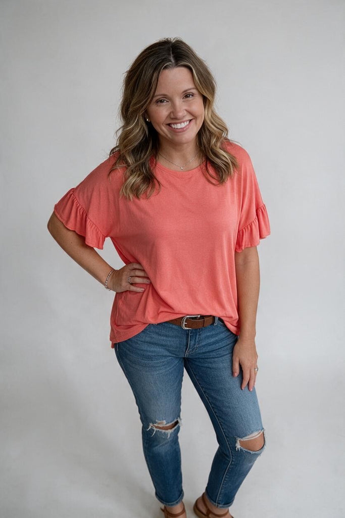 coral tee with ruffle sleeves