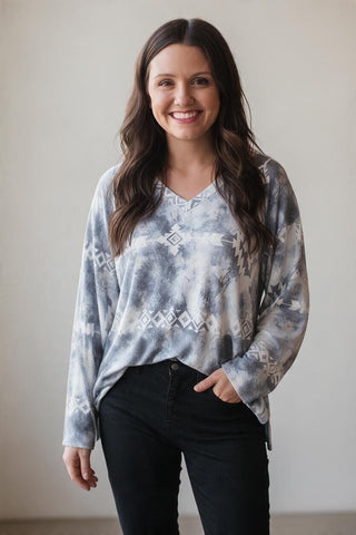 blue boho print aztec top