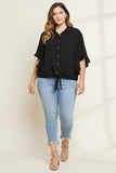 plus size black top with ruffle sleeves and front tie