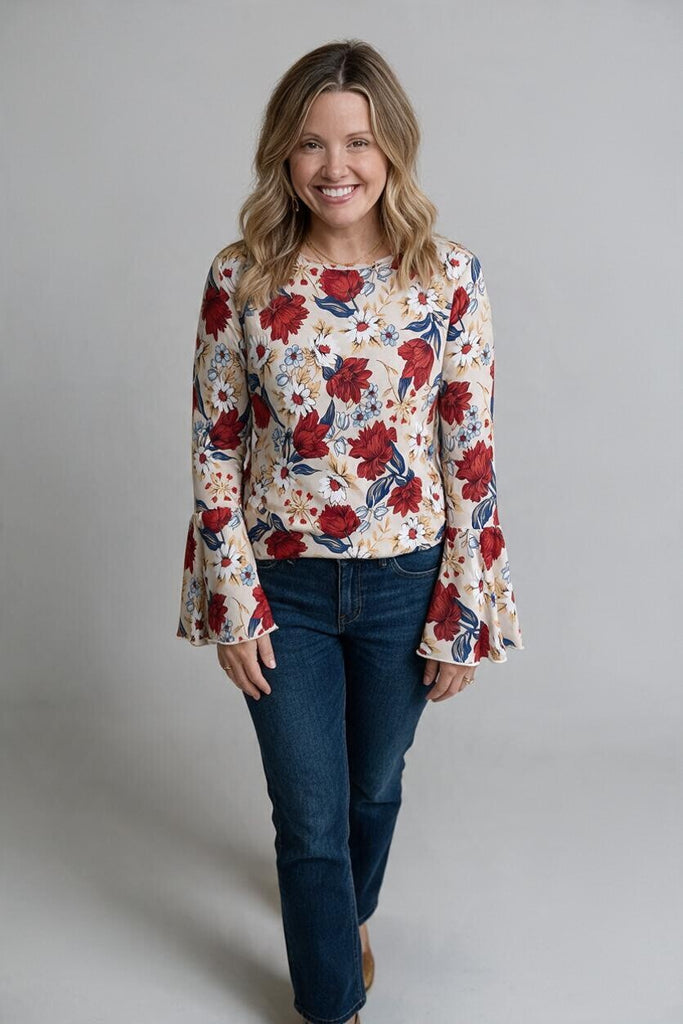 floral blouse with bell sleeves