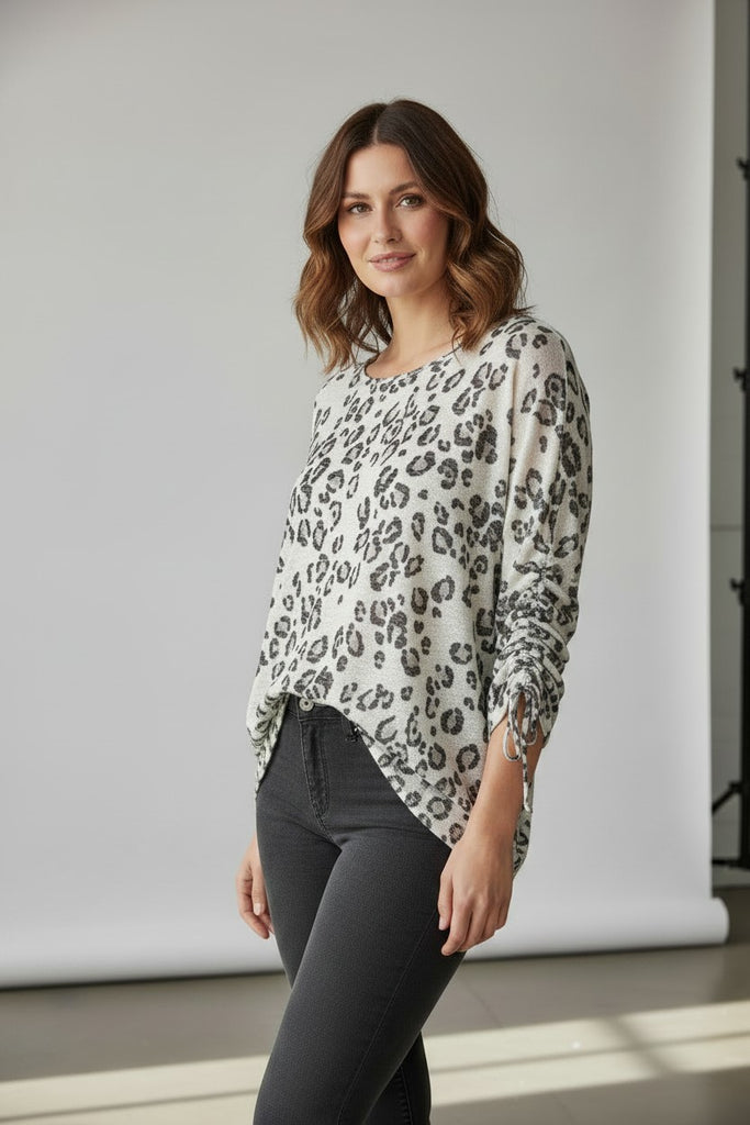 plus size white leopard top with cute shirred sleaves