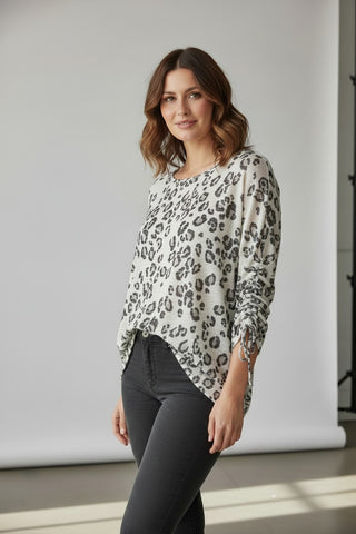 plus size white leopard top with cute shirred sleaves