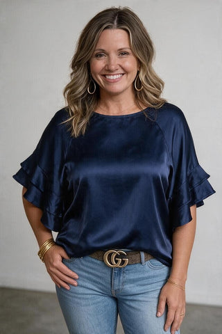 navy satin top with ruffle sleeves
