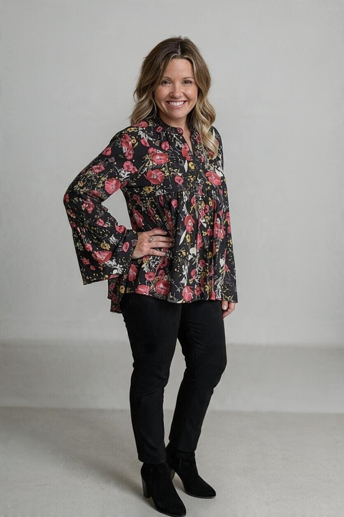 black floral babydoll top with statement sleeves