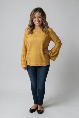 mustard lace blouse with statement sleeves