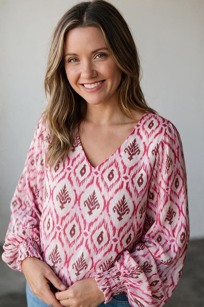 pink print blouse with cute cuffs and sleeves