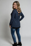 navy sweater with black trim and a cute back feature