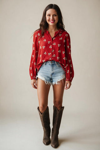crimson print blouse for fall