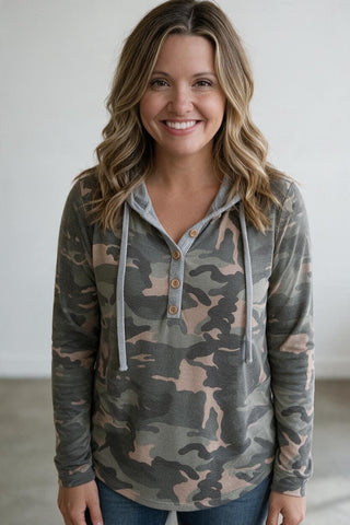 camo blouse with a hood and cute button detail