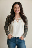 ivory top with camo sleeves, and cute front tie