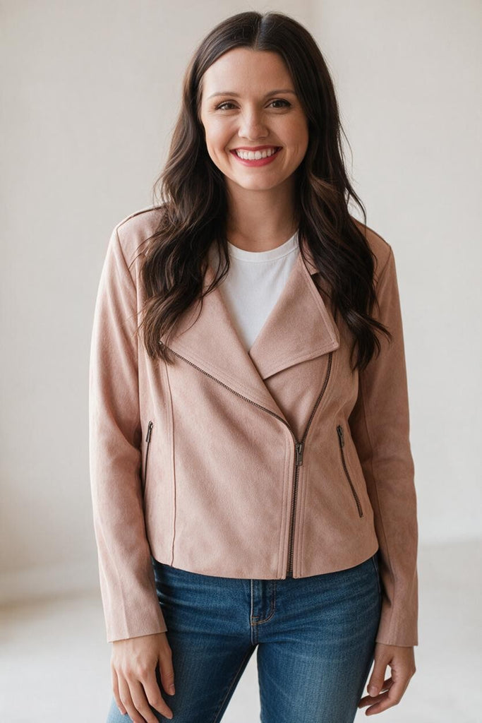 pink faux suede motorcycle jacket