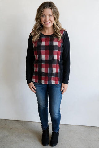 red and black plaid top with black sleeves