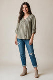 olive striped top with front accent buttons