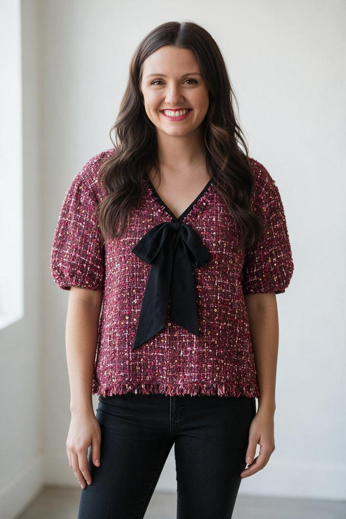 maroon twill top with sequins, perfect for the holidays