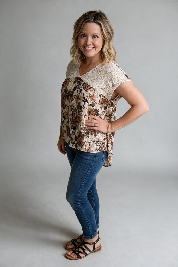 brown flower print top with lace yolk