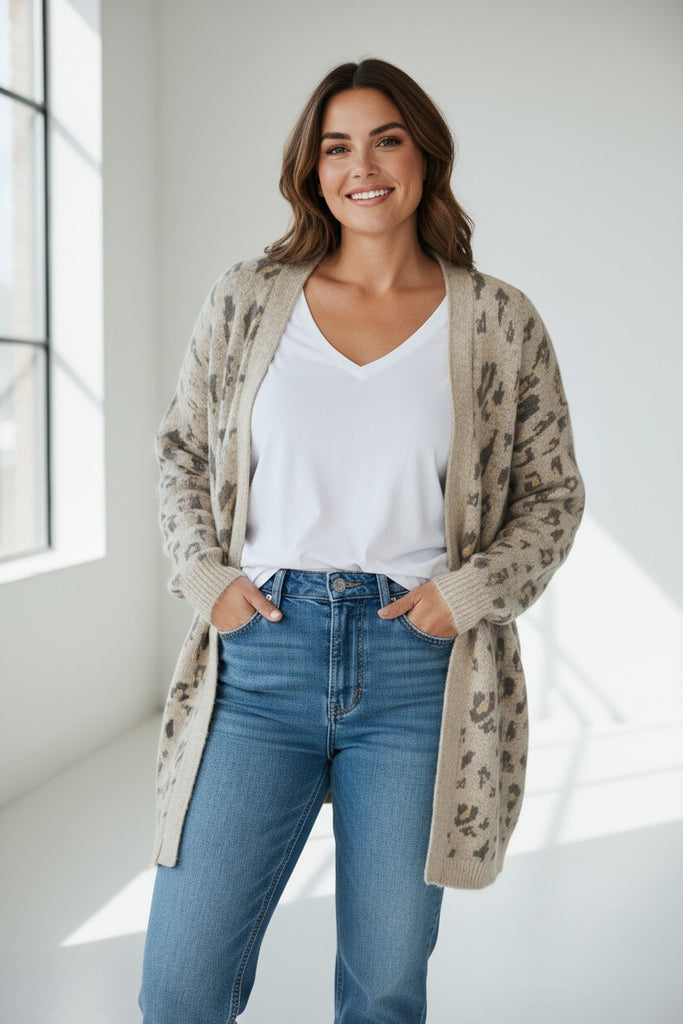 grey leopard cardigan in plus size