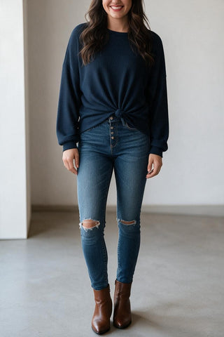 navy waffle weave top