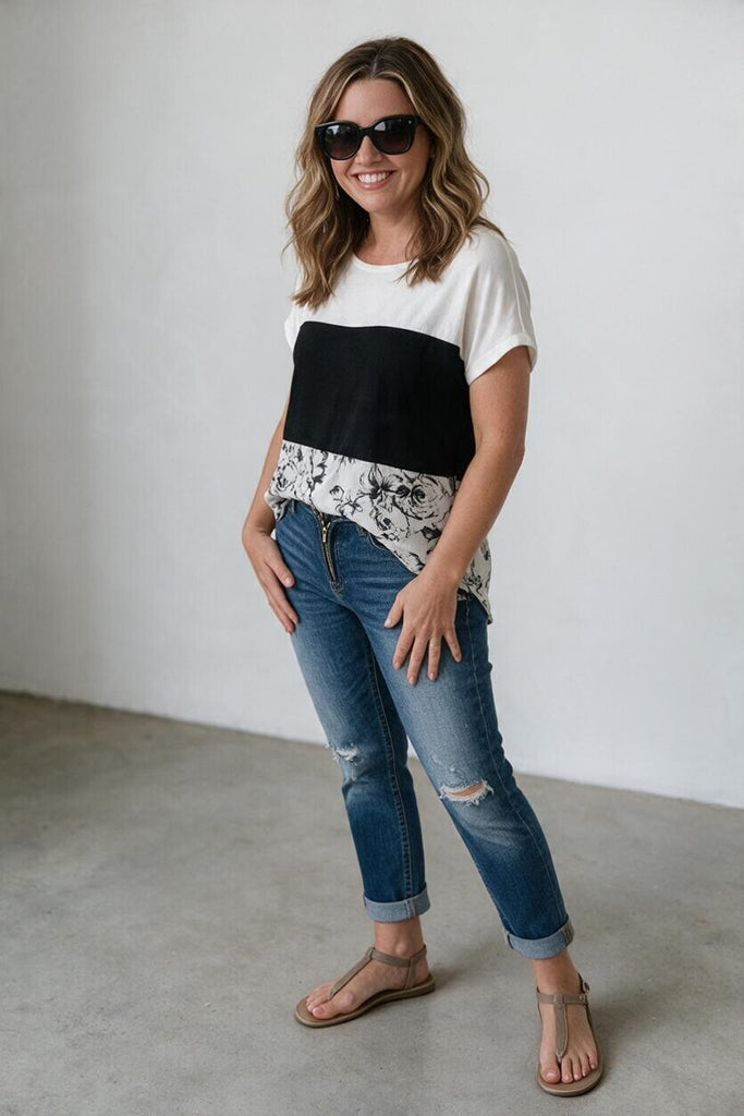 Black And White Floral Print Top