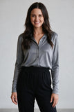 metallic silver button up shirt