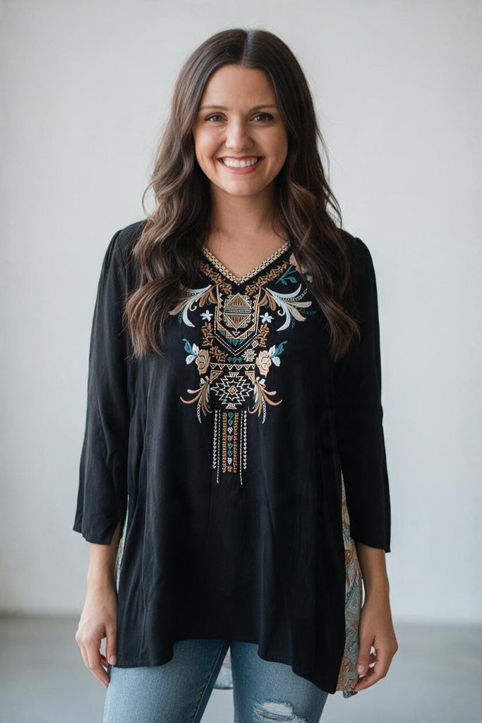 black boho blouse with embroidery and paisley back detail