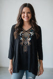 black boho blouse with embroidery and paisley back detail
