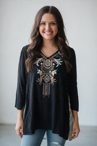 black boho blouse with embroidery and paisley back detail