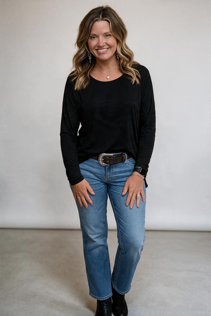 black long sleeve tee with black sequin elbow patches