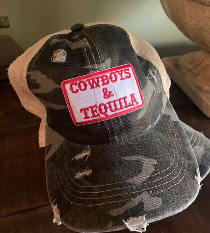 Cowboys and Tequila distressed camo trucker cap