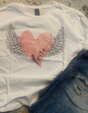 pink love heart with wings graphic tee