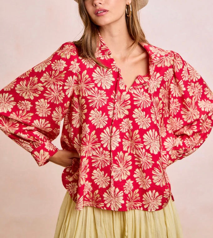 red and cream floral blouse for spring and summer