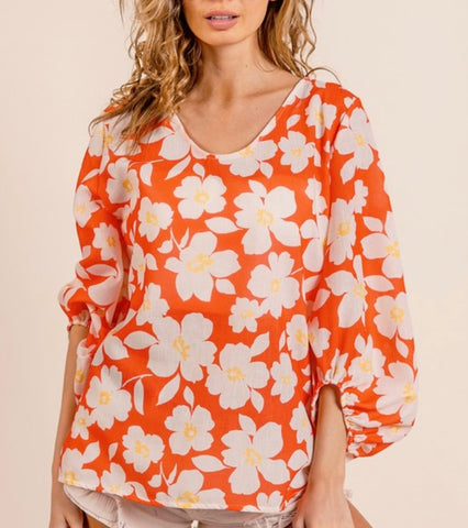 orange floral summer top with balloon sleeves