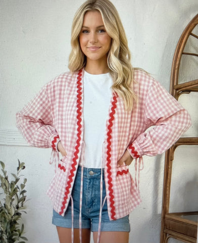 pink and white check jacket