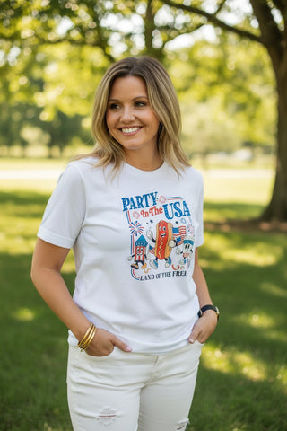 party in the usa tshirt with a hot dog and fireworks
