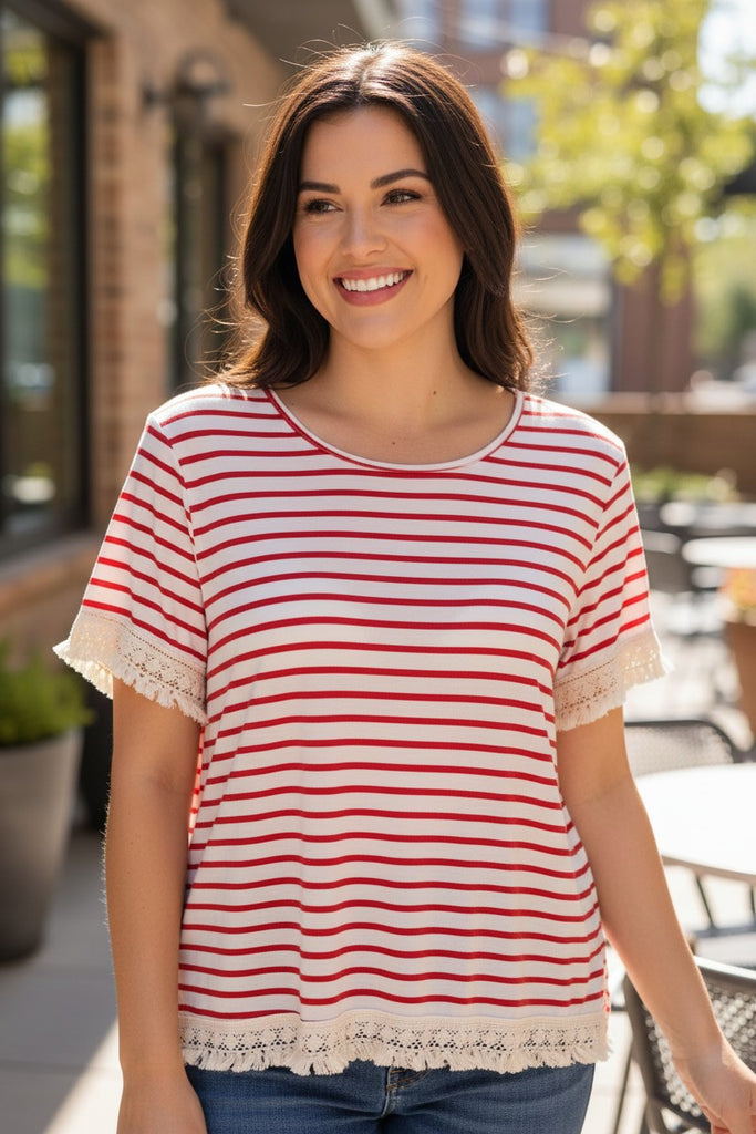 red and cream striped top with cute boho fringe trim