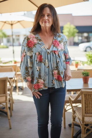 blue floral babydoll top for spring and summer