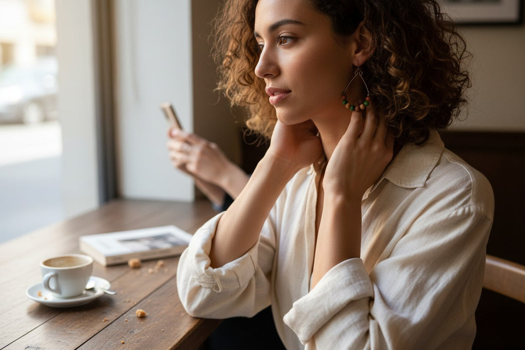 A woman with curly brown hair sits at a wooden table in a cafe, wearing a cream-colored linen button-up shirt and gold geometric earrings. She is looking thoughtfully to the side, with a coffee cup on the table in the foreground.