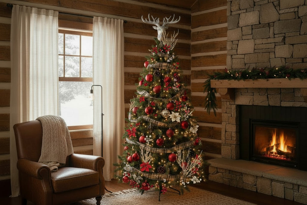 A decorated Christmas tree stands in a rustic log cabin living room next to a leather armchair and a stone fireplace with a burning fire.