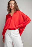 red drop shoulder satin blouse