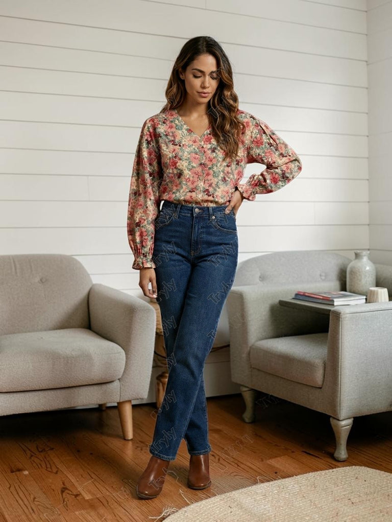 floral rose colored corduroy top