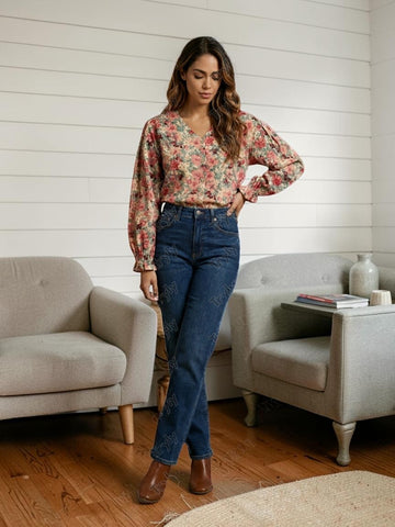 floral rose colored corduroy top