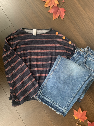 fall top with cute sleeves black with red stripes and cute button detail