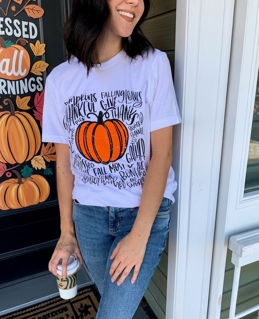 fall tee, pumpkin on a tee with fall words