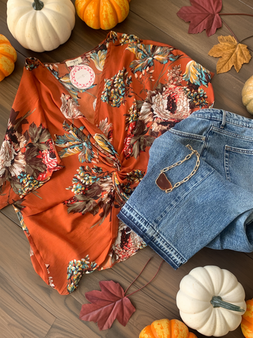fall floral top in orange from Umgee brand in our boutique